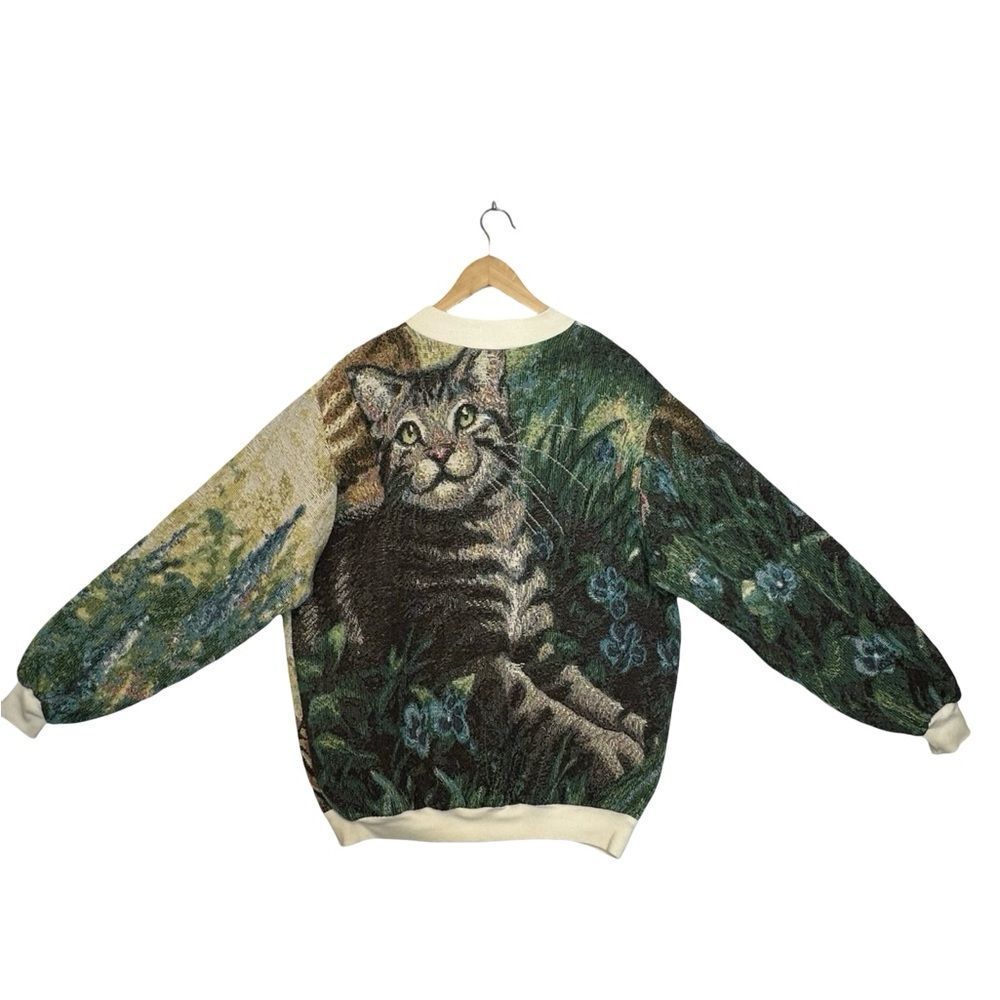 SUGAR STREET WEAVERS Big Cat Crewneck Woven Tapestry Sweatshirt One Size